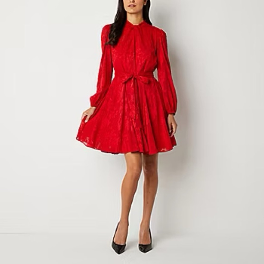 Red Tie-Waist Long Sleeve Dress